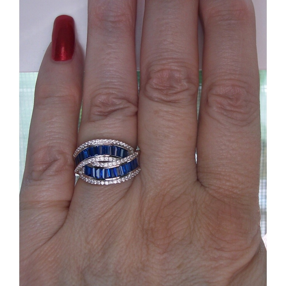 925 STERLING SILVER Blue Spinel & Cubic Zirconia Crossover Ring - Picture 2 of 15